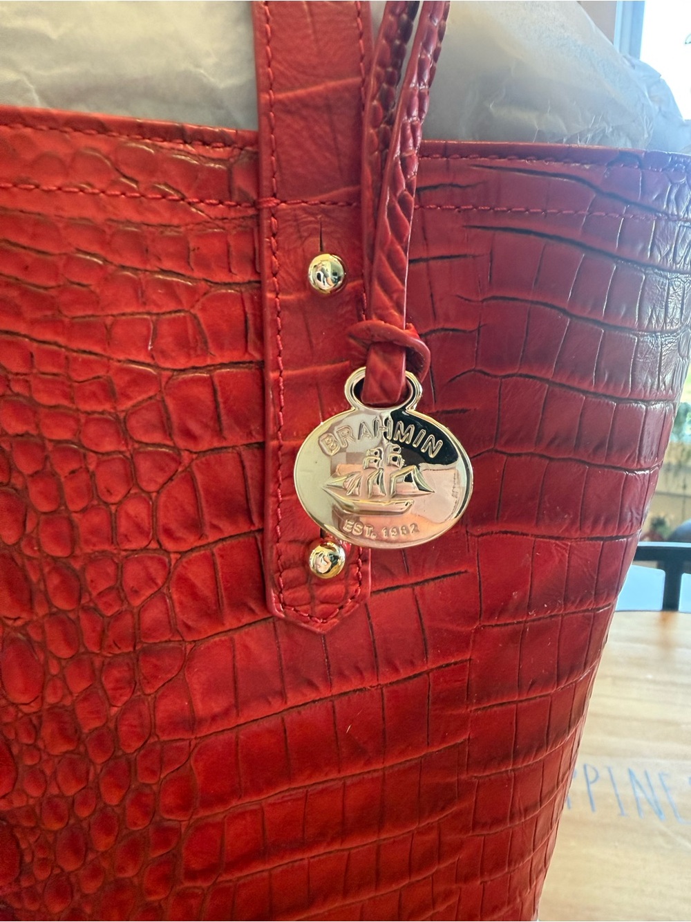 Red Croc-Embossed Brahmin Tote Bag - Designer Style - Picture 3 of 7